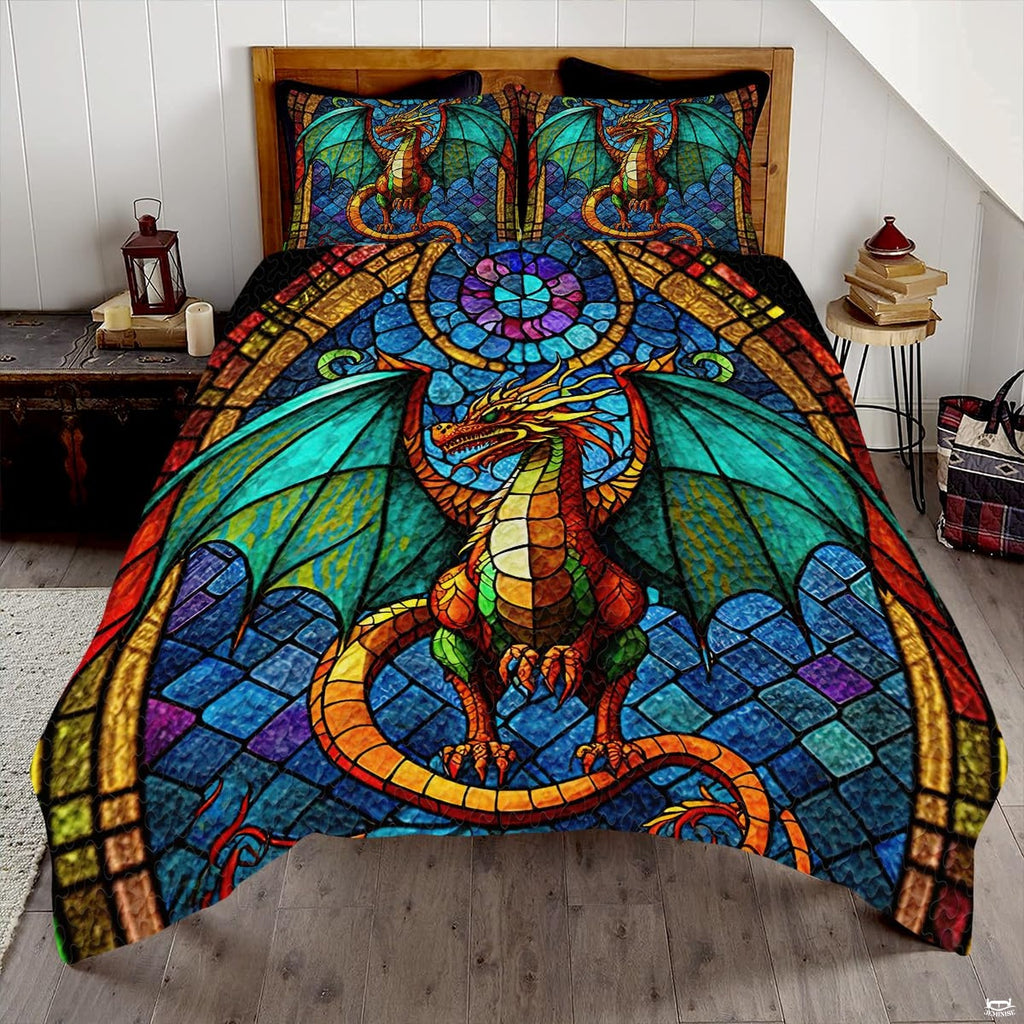 Orange dragon with teal wings in a colorful stained glass window displayed on a bed