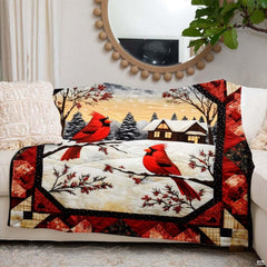 Bedroom setting decorated with rustic cabin bedding art in warm forest and plaid tones.