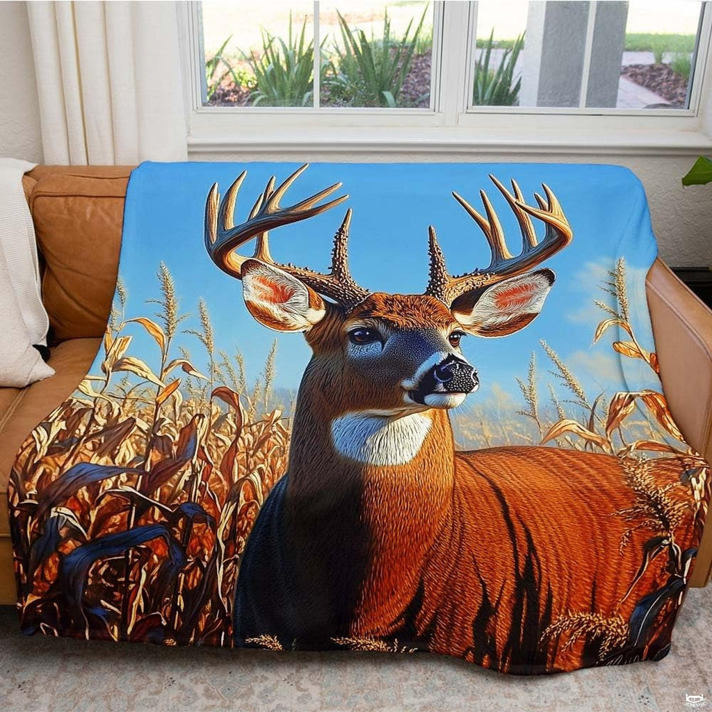 Close-up view of the fine line work and earthy tones of the buck deer artwork