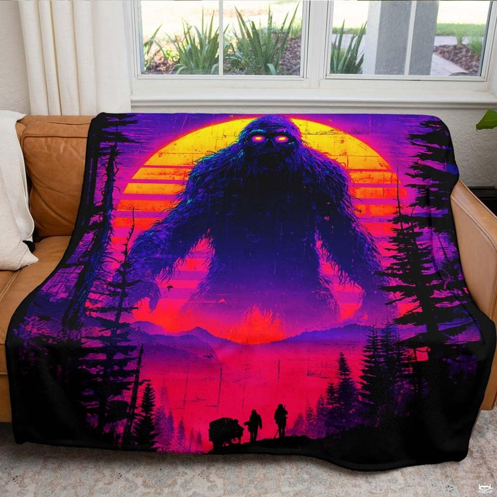 Colossal Bigfoot with glowing eyes beneath a neon synthwave striped sunset, view 5.