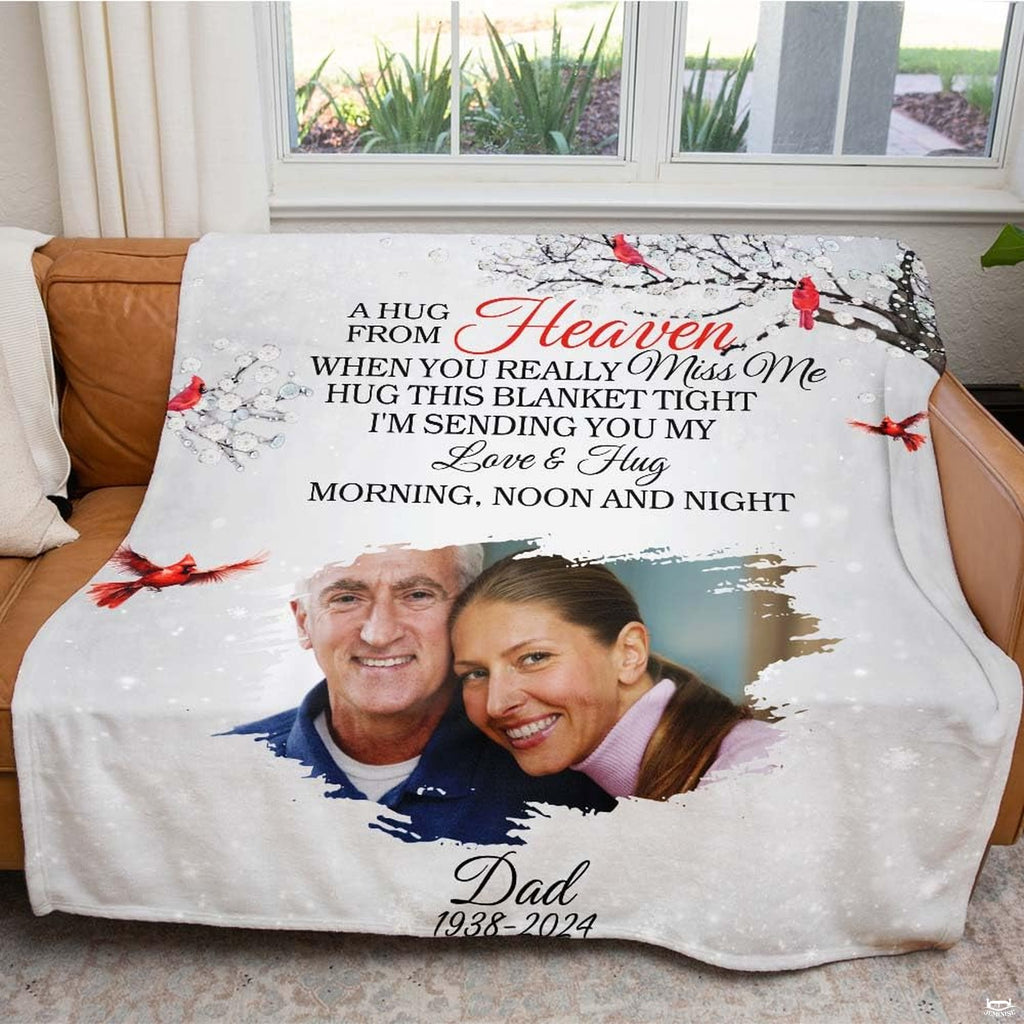 Red cardinal winter tree memorial photo blanket showing red songbirds and snowy branches view 5