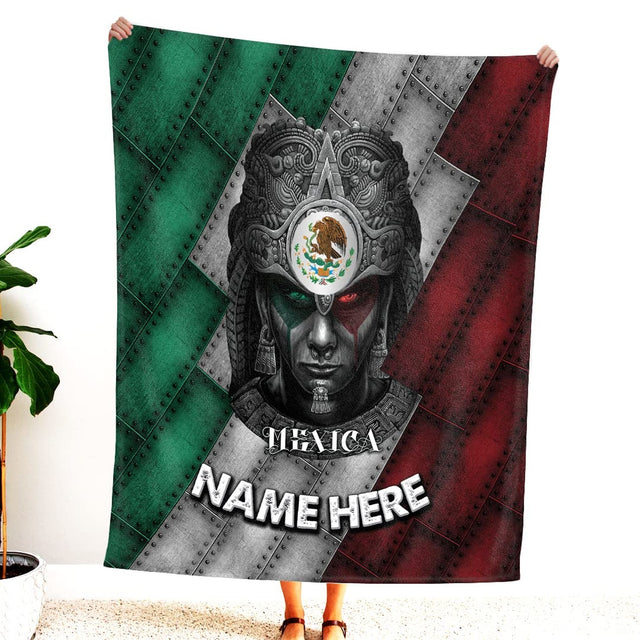 Aztec warrior with eagle headdress and Mexican coat of arms on green white red metal background.
