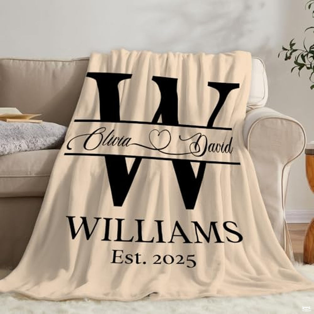 Personalized Photo Couple Blanket with Special Date & Names – Custom Husband Wife Boyfriend Girlfriend Gift – Romantic Throw for Anniversary, Wedding, or Engagement (Monogram Couple)