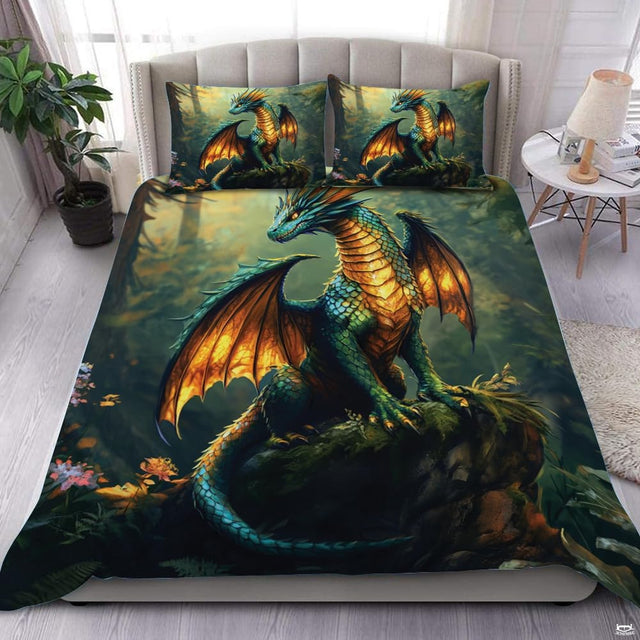 Teal forest dragon bedding in a bright bedroom