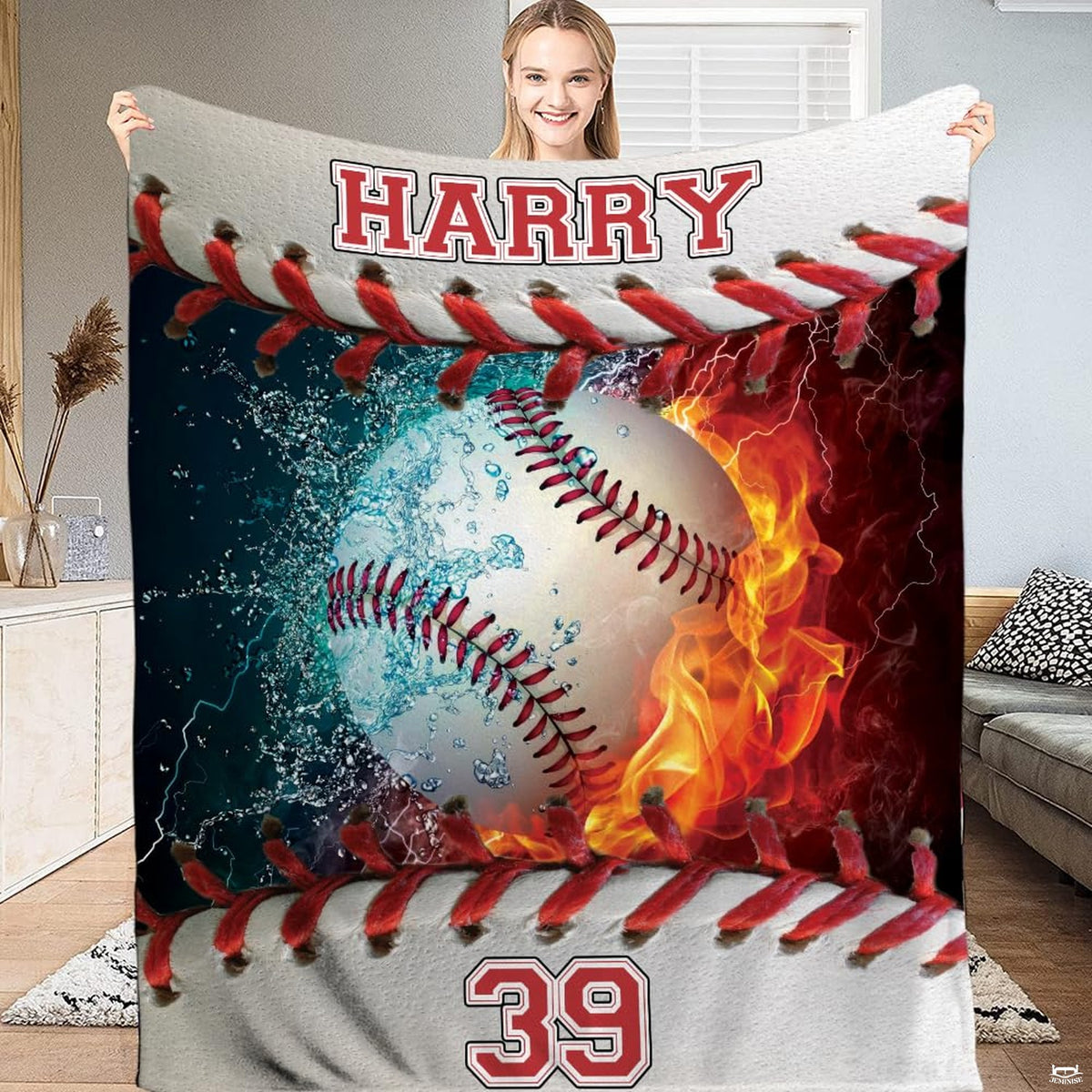 Baseball between blazing fire and water splashes with varsity lettering, view 1.
