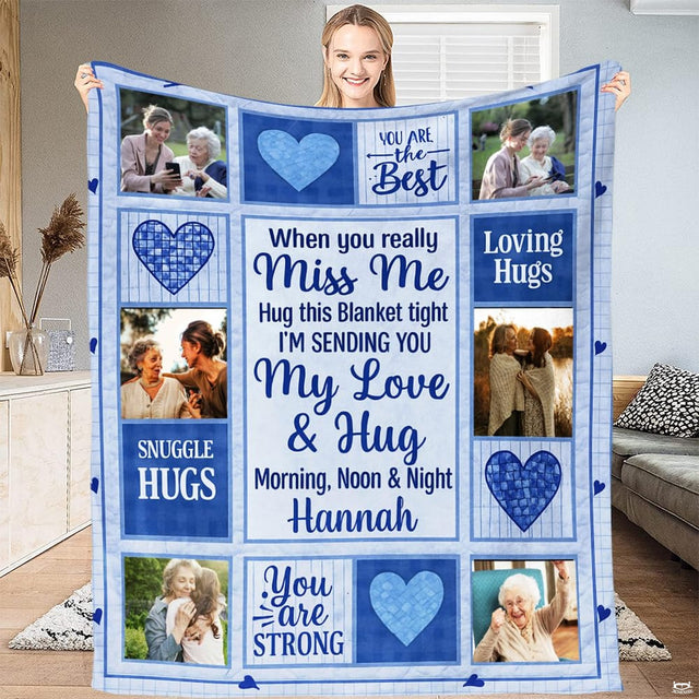 Family memory photo collage throw blanket in periwinkle blue with heart motifs and inspirational message cards