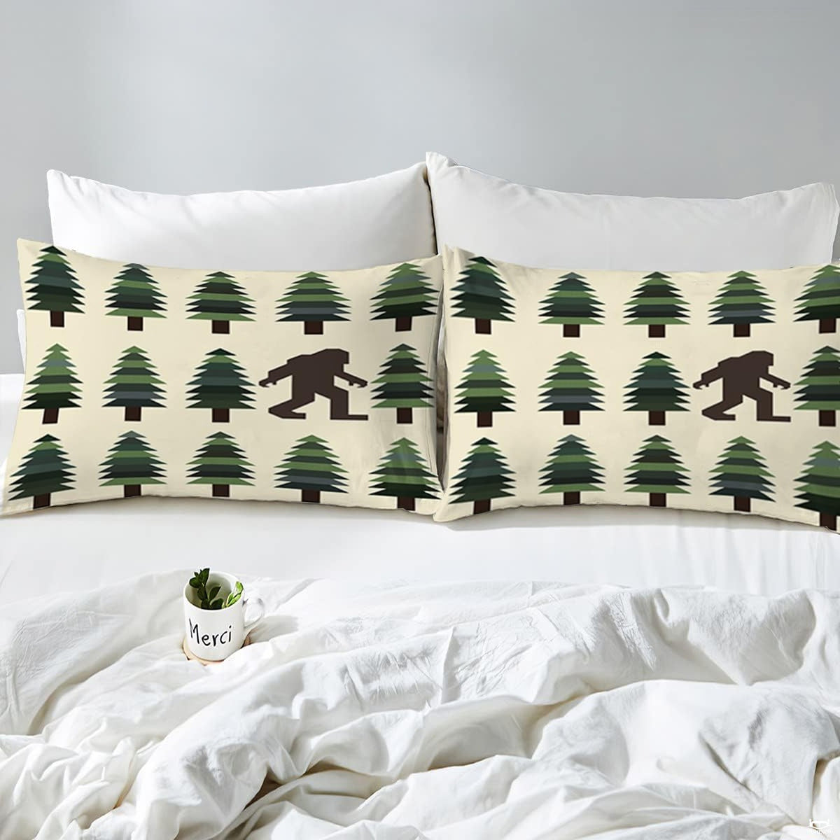 Corner fold view of pine forest bedding highlighting sharp green and brown graphic printing