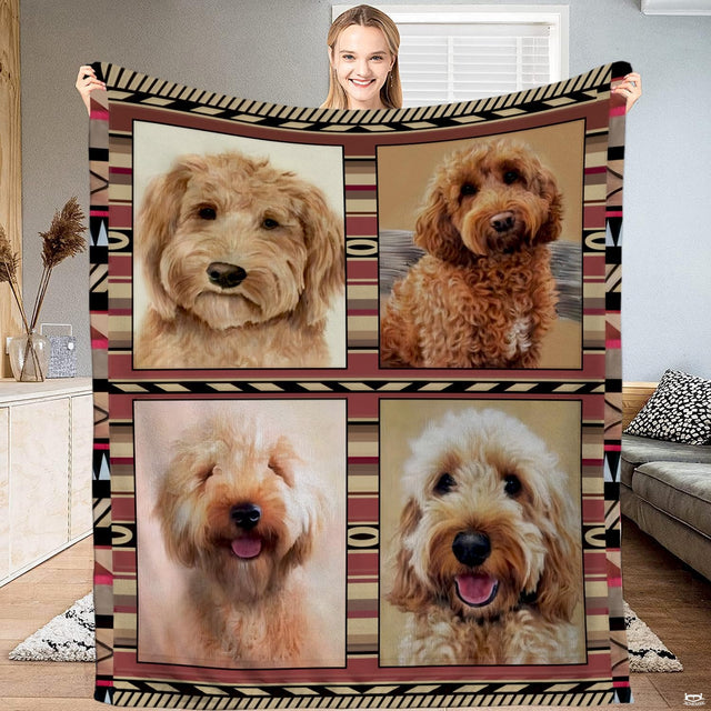 Southwestern aztec tribal doodle dog blanket held upright by model