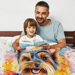 Pet lover bedding display showcasing energetic turquoise, pink, and yellow watercolor splashes.