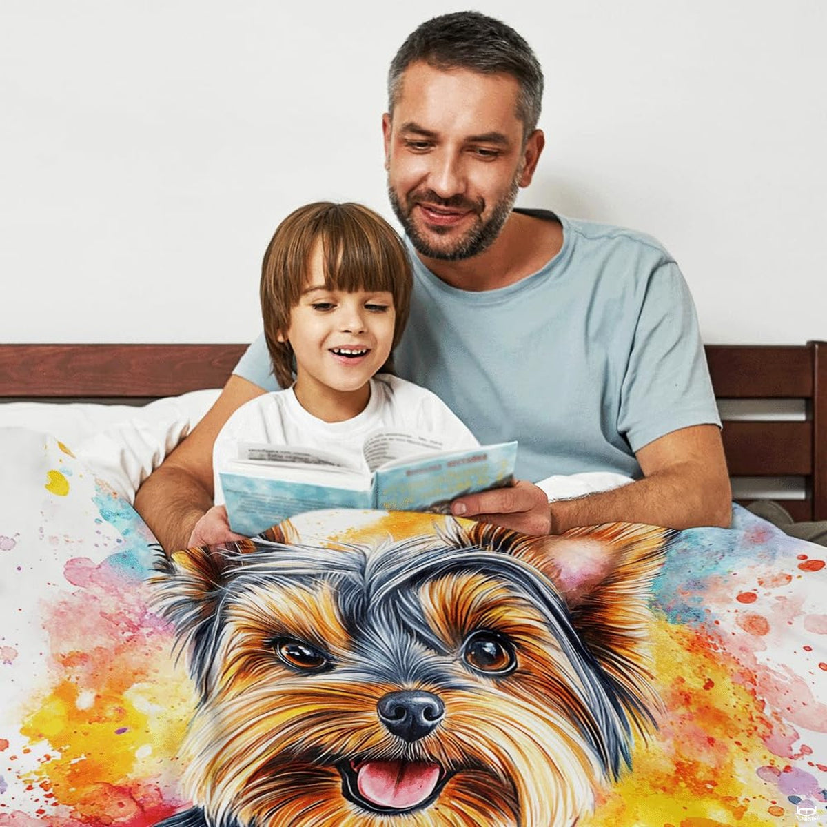 Pet lover bedding display showcasing energetic turquoise, pink, and yellow watercolor splashes.