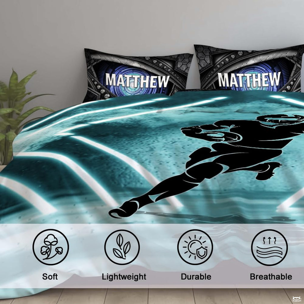 Angle view of football sports bedding illustrating cool aqua and deep ocean teal gridiron graphic textures