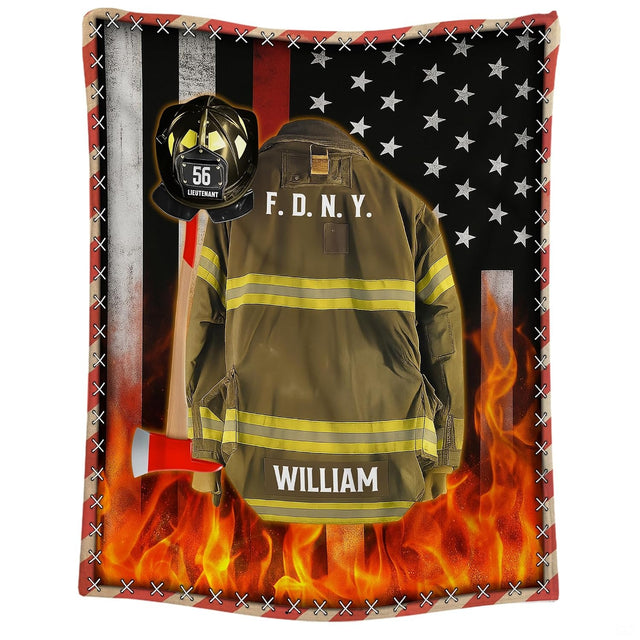 Close-up of decorative firefighter artwork featuring crossed red axes, rescue helmet, and vibrant flame graphics.