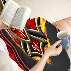 Detailed perspective of the distressed flourish script typography and diagonal red racing stripes on the throw blanket