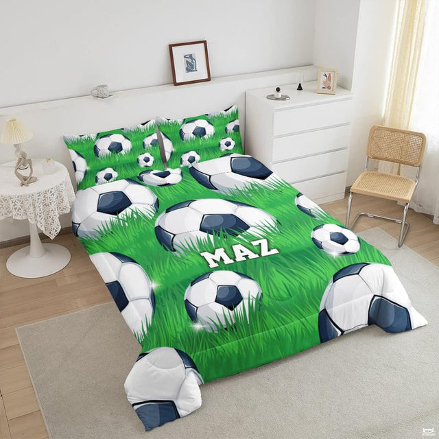 Overhead perspective of lush grass field artwork adorned with bold block typography and soccer balls.