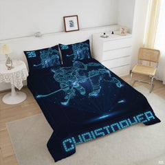 Futuristic bedroom decor showing glowing electric blue hockey wireframe artwork.