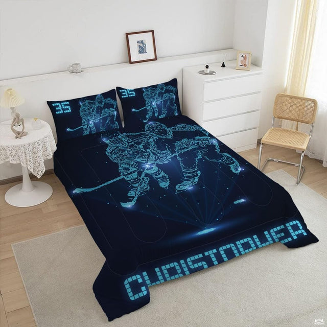 Futuristic bedroom decor showing glowing electric blue hockey wireframe artwork.