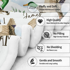 Scenic bedding set with mallard waterfowl flying across clean white setting next to bed stand set styling