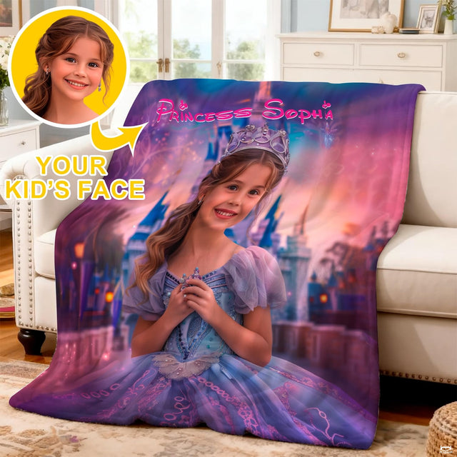 Close-up perspective of embroidered ballgown and crystal tiara on fairytale princess blanket