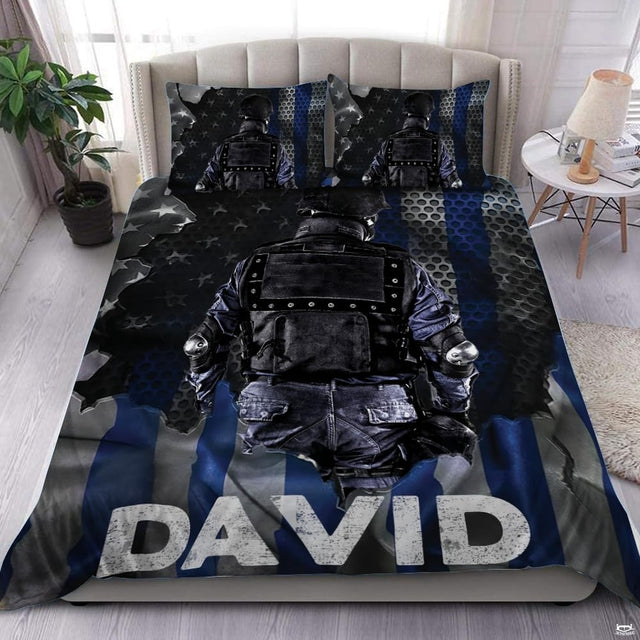 Rear-facing tactical figure over a dark industrial flag with blue bands and perforated texture