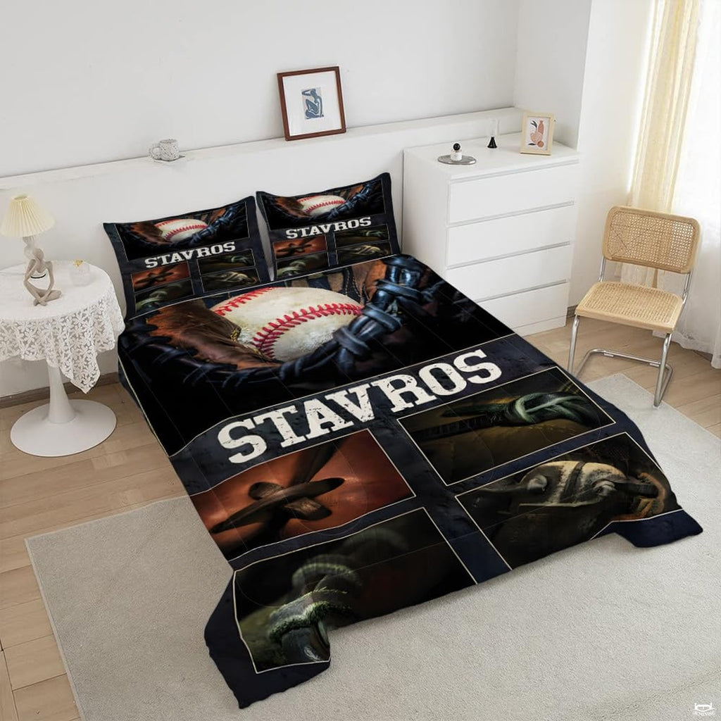Close-up visual artwork of thematic accent fielder's mitt and stitched ball graphic on athletic theme bedding.