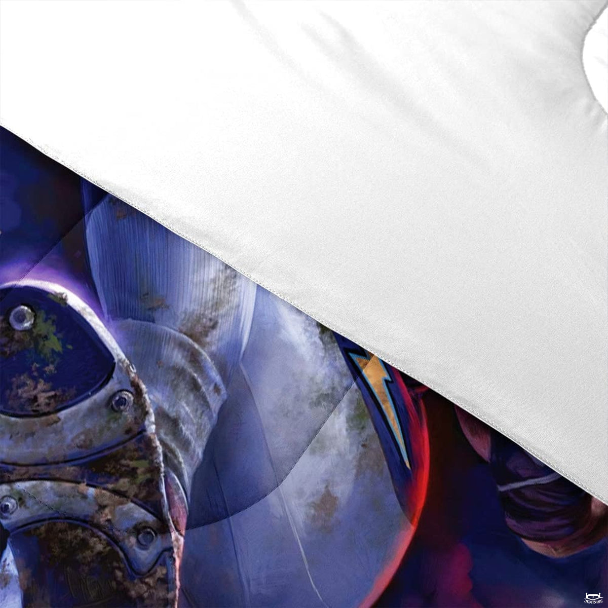 Corner fold view of football bedding highlighting vivid purple lightning printing on dark background