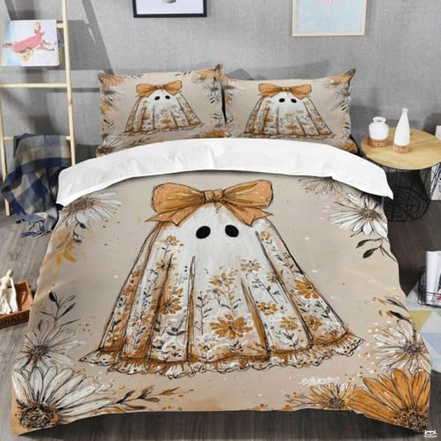 Angled bedroom setup showing bed styled with whimsical daisy ghost print bedding.