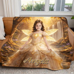 Close-up perspective of mystical fairy bedding set artwork surrounded by glowing light particles and violet flora.