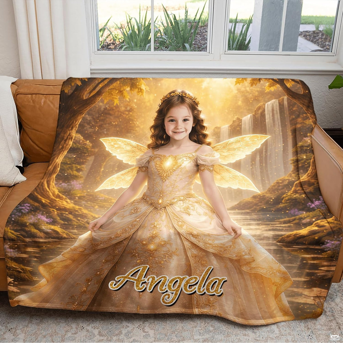 Close-up perspective of mystical fairy bedding set artwork surrounded by glowing light particles and violet flora.