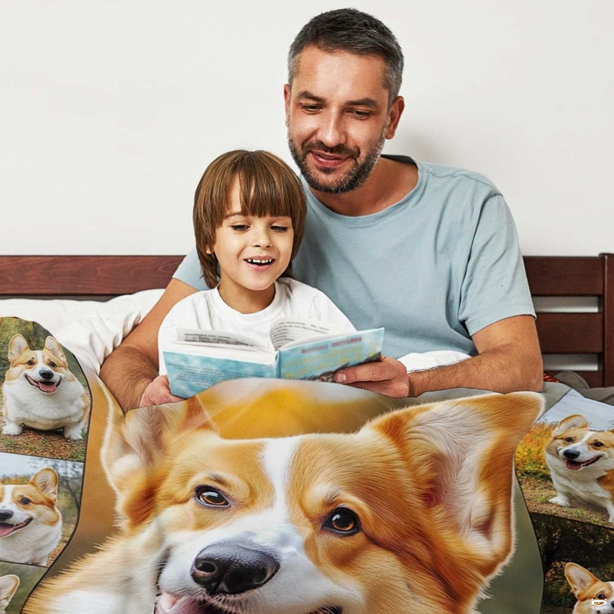 Welsh Corgi dog art bedding set styled in a bright, modern bedroom setting.