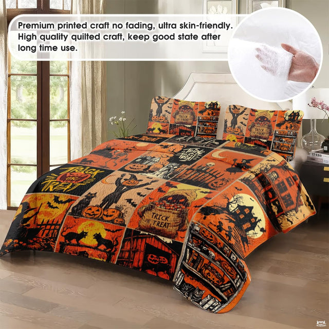 Close-up perspective of Halloween bedding showing detailed pumpkin scarecrow and cauldron illustrations
