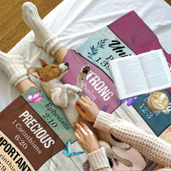 Praying girl scripture affirmations blanket in peaceful prayer corner