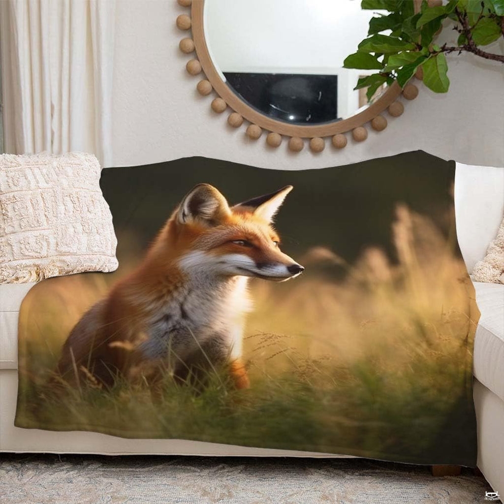 Golden hour red fox throw blanket spread smoothly across modern bed in rustic country bedroom