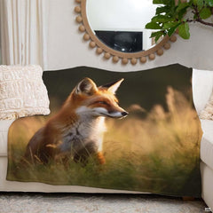 Golden hour red fox throw blanket spread smoothly across modern bed in rustic country bedroom