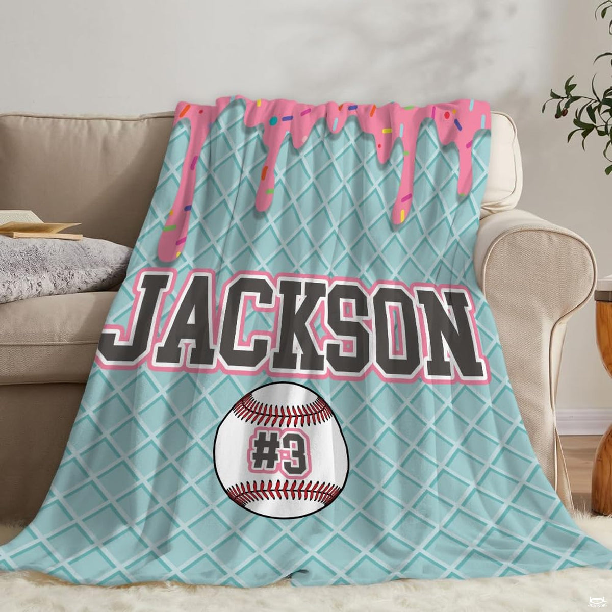 Pastel bedroom setting showcasing playful dessert drips and athletic baseball visual accents.