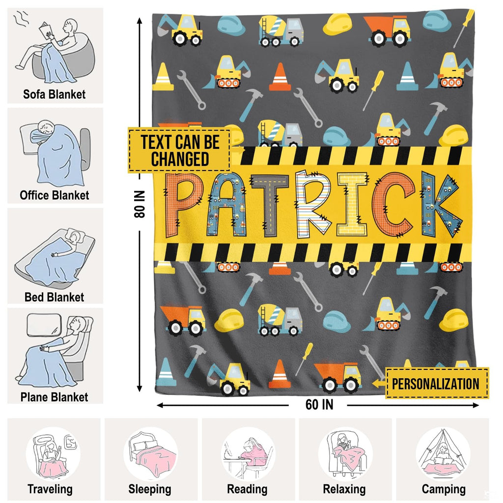 Construction dump trucks, excavators, and yellow caution stripe banner on grey background, view 4.