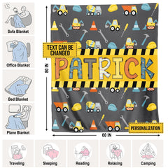 Construction dump trucks, excavators, and yellow caution stripe banner on grey background, view 4.