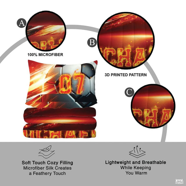 Custom Flaming Soccer Ball with Name Comforter Set, Machine Washable