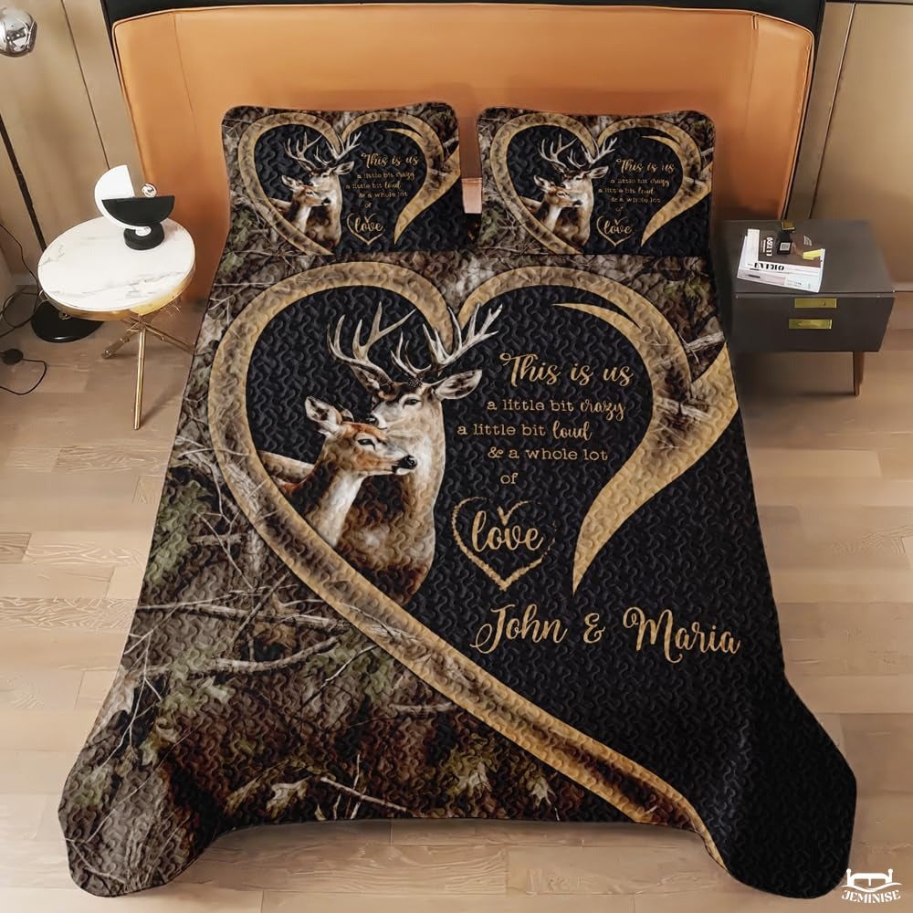 Personalized Deer Couple Inside Heart Frame Comforter with Buck