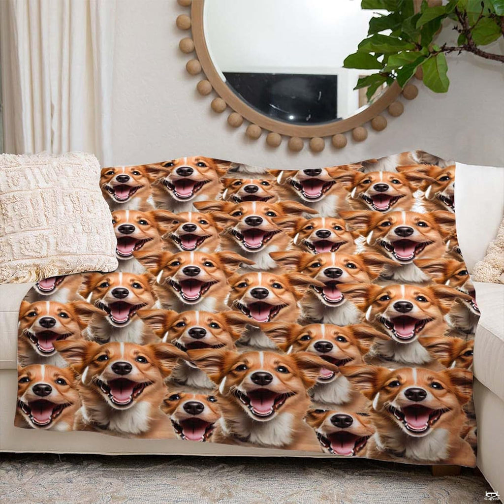 Detailed pattern view showing happy open-mouthed dog portraits seamlessly arranged on artistic bedding.