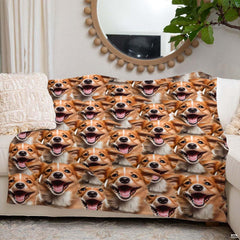 Detailed pattern view showing happy open-mouthed dog portraits seamlessly arranged on artistic bedding.