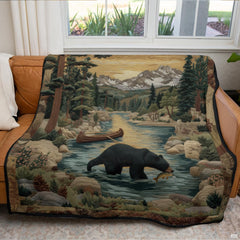 Cabin lodge black bear throw blanket folded neatly on rustic wooden bench