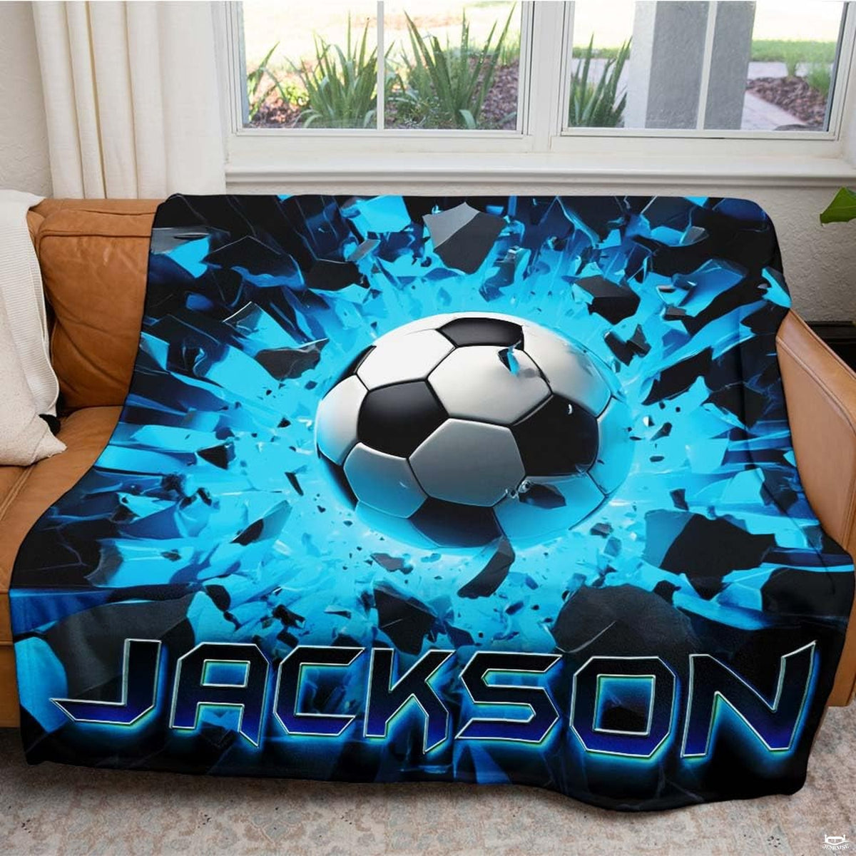 Angled perspective of 3D sports graphics highlighting the shattering geometric pattern.