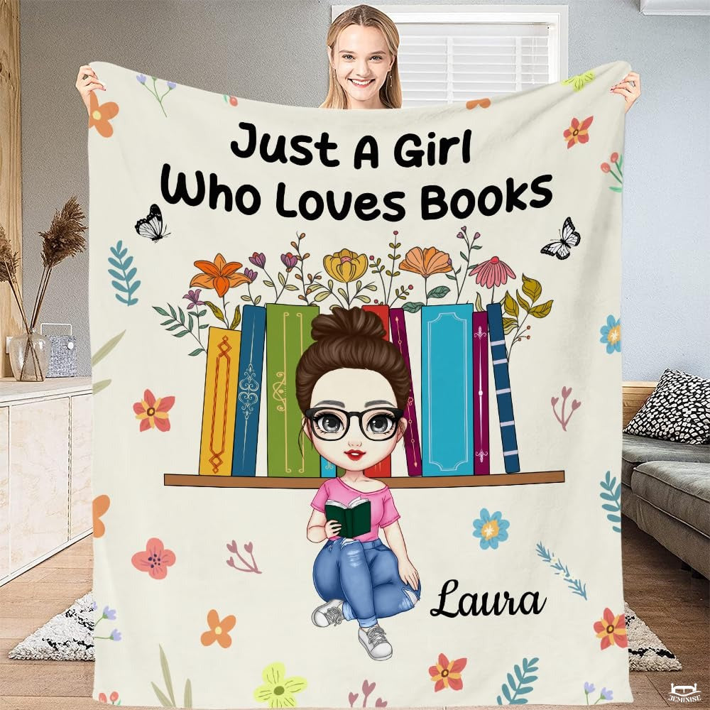 Personalized Girl Reading in Front of Book Bookshelf Throw - Design 8