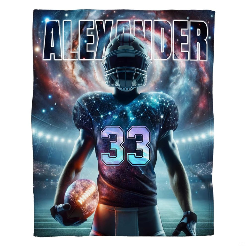 Cosmic galaxy football player with nebula constellation patterns under stadium lights, view 2.