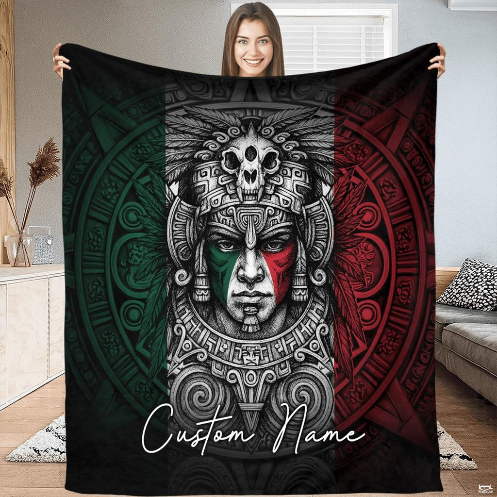 Aztec warrior chief Mexican flag bedding with skull headdress and calendar sundial decor.