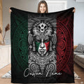 Aztec warrior chief Mexican flag bedding with skull headdress and calendar sundial decor.