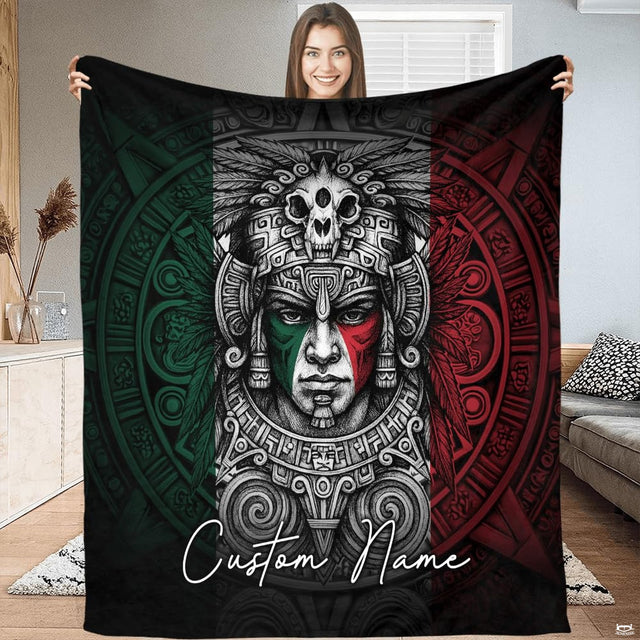 Aztec warrior chief Mexican flag bedding with skull headdress and calendar sundial decor.