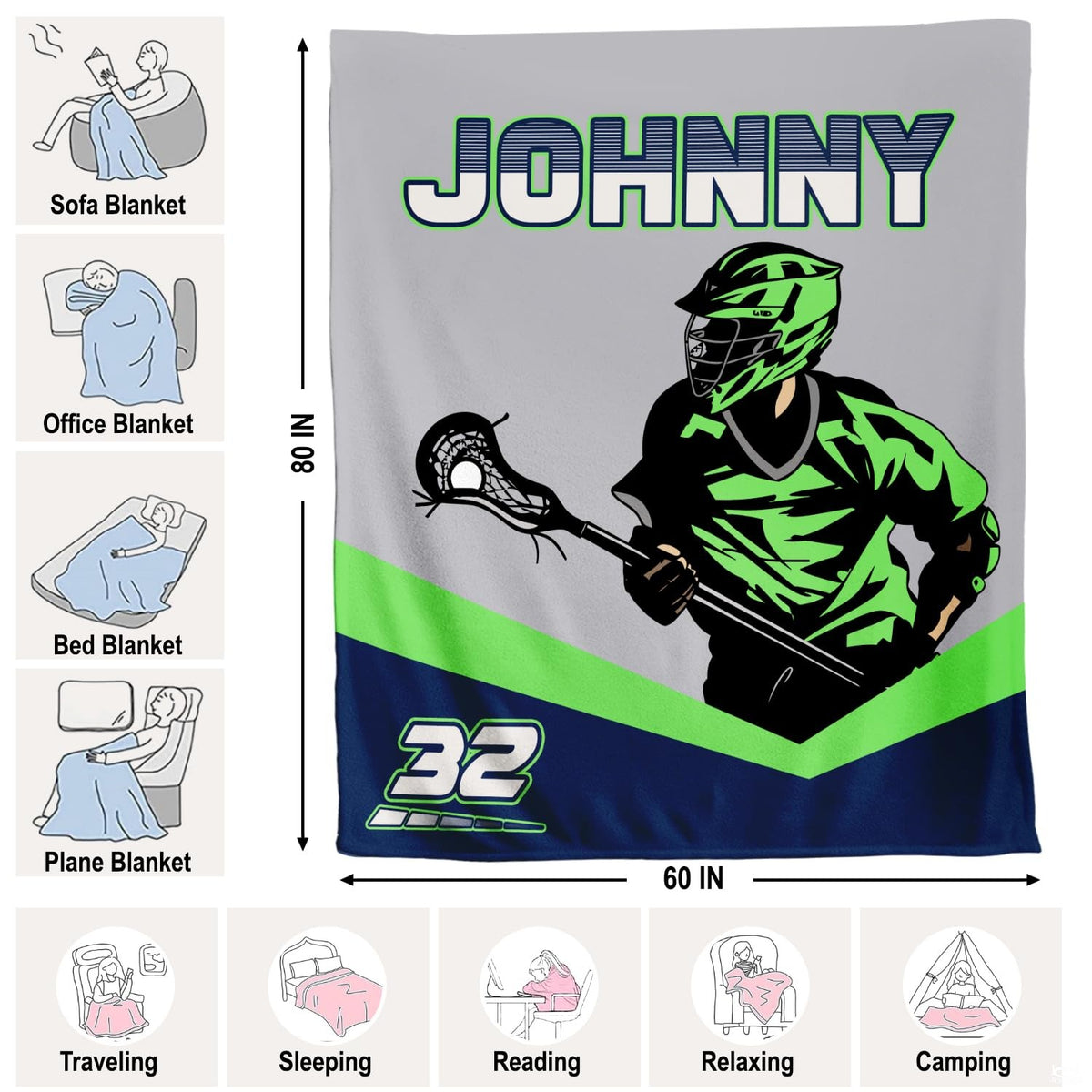 Dimension reference diagram for green lacrosse blanket