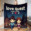 8-bit pixel art couple in RPG village with pixel hearts and retro typography, view 1.