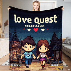 8-bit pixel art couple in RPG village with pixel hearts and retro typography, view 1.